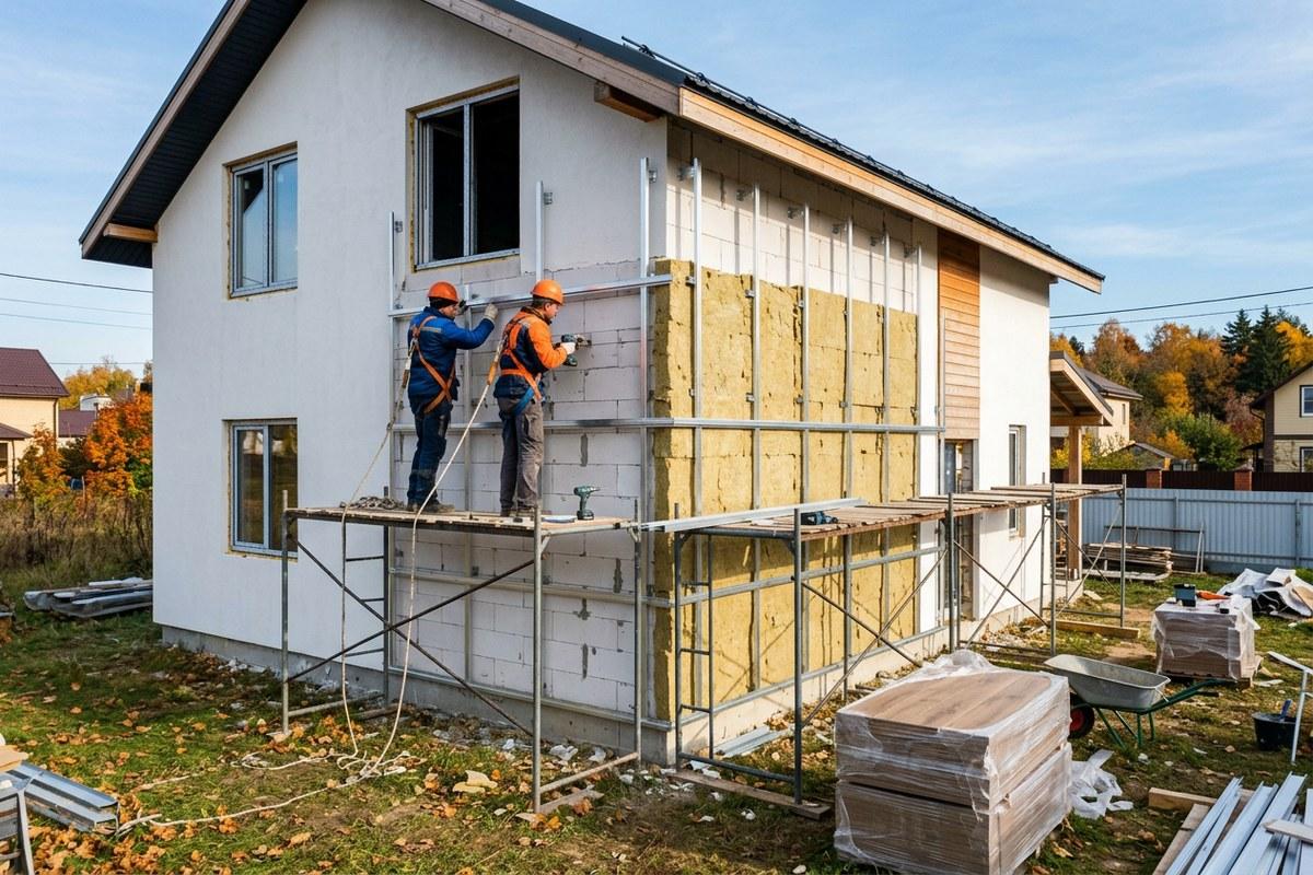 Монтаж вентилируемого фасада на стене из белых автоклавных газобетонных блоков